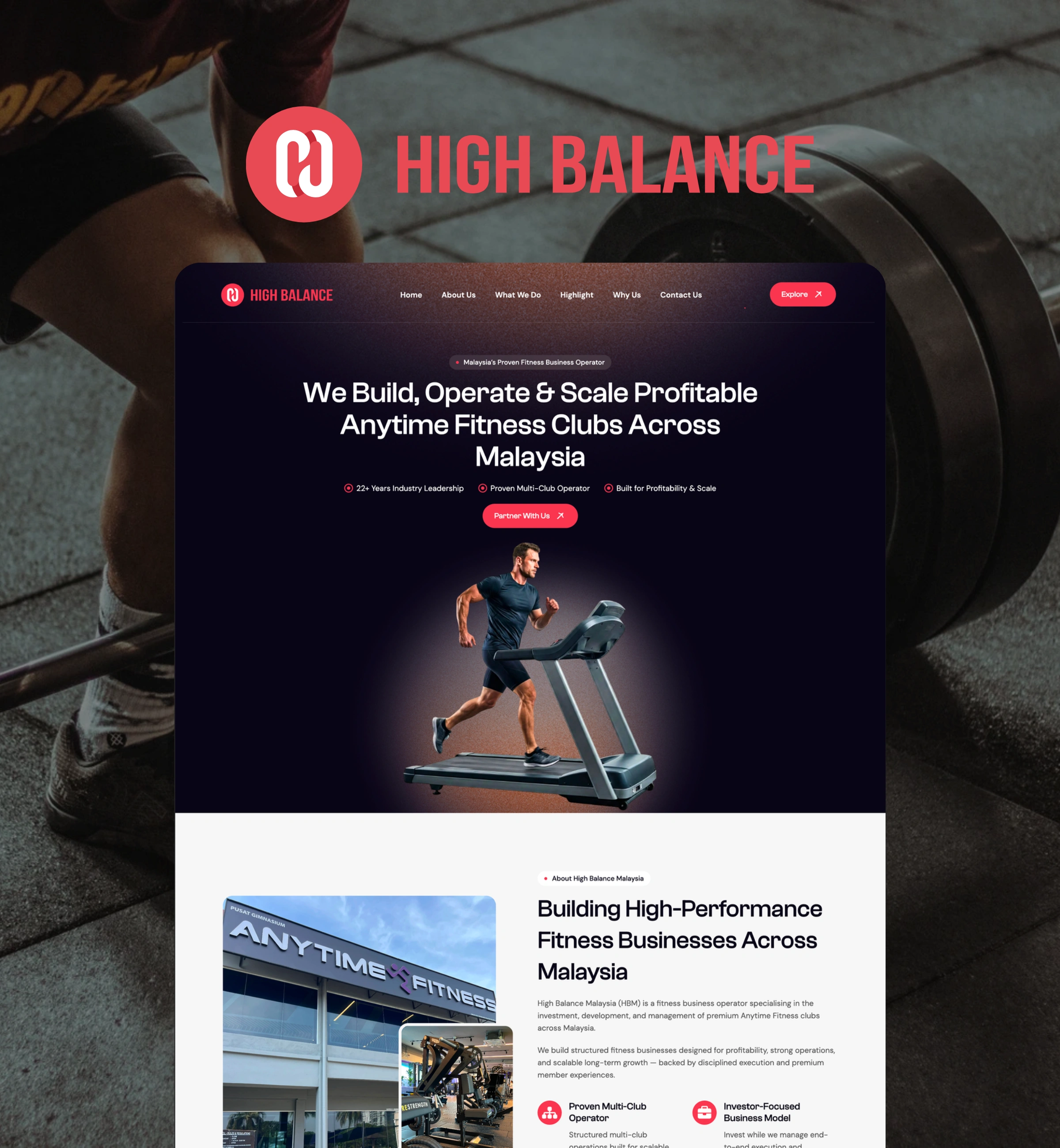 High Balance Malaysia fitness website design showcasing modern UI for gym business growth and scalability